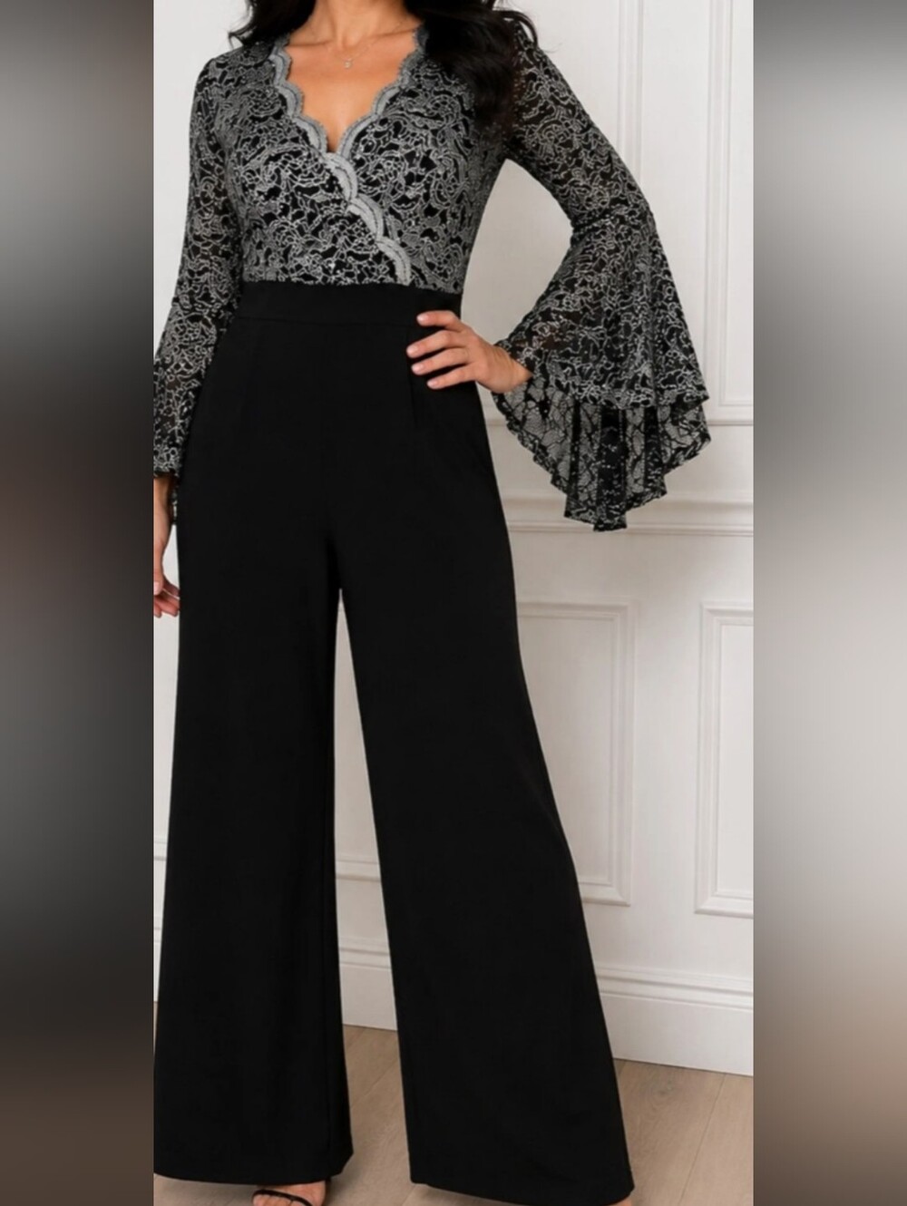R&M Richards Black Lace and Sequin Detail Wide Leg Jumpsuit